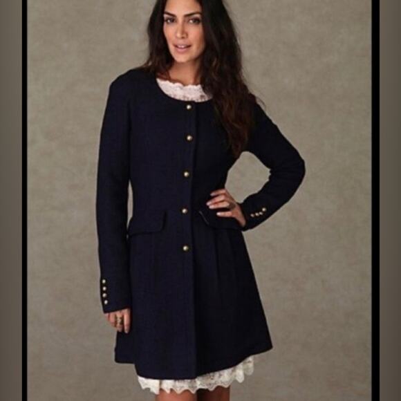 We the Free boiled wool blue collarless coat M metal buttons longline military - Picture 1 of 13